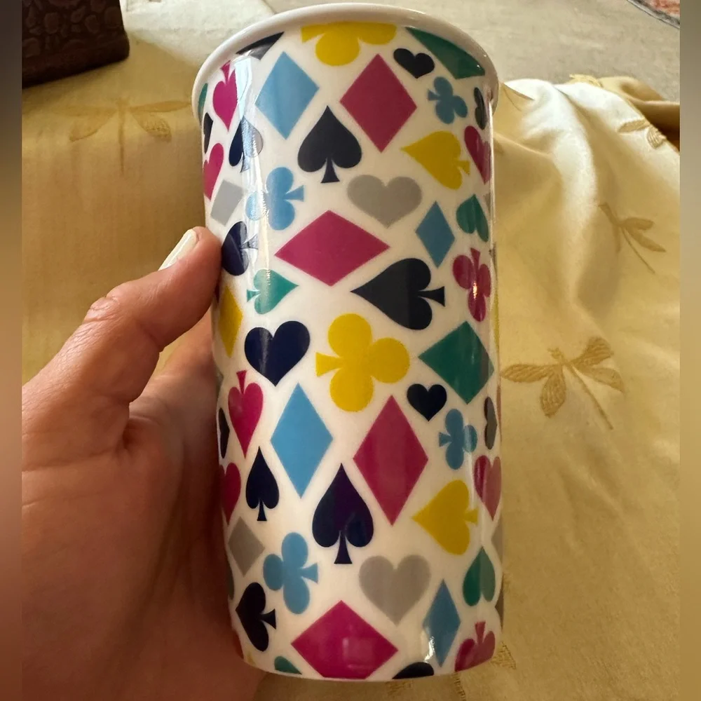 Jonathan Adler “ Card Suits “ Ceramic Travel Coffee Mug / Cup / Tumbler.